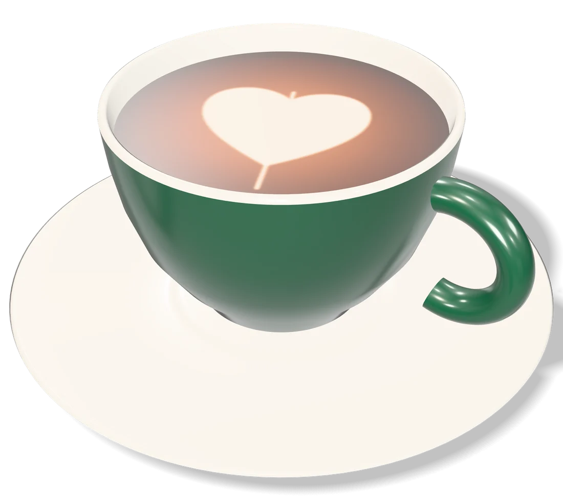 Grüne Tasse mit Latte Art auf Untertasse, 3D-Illustration