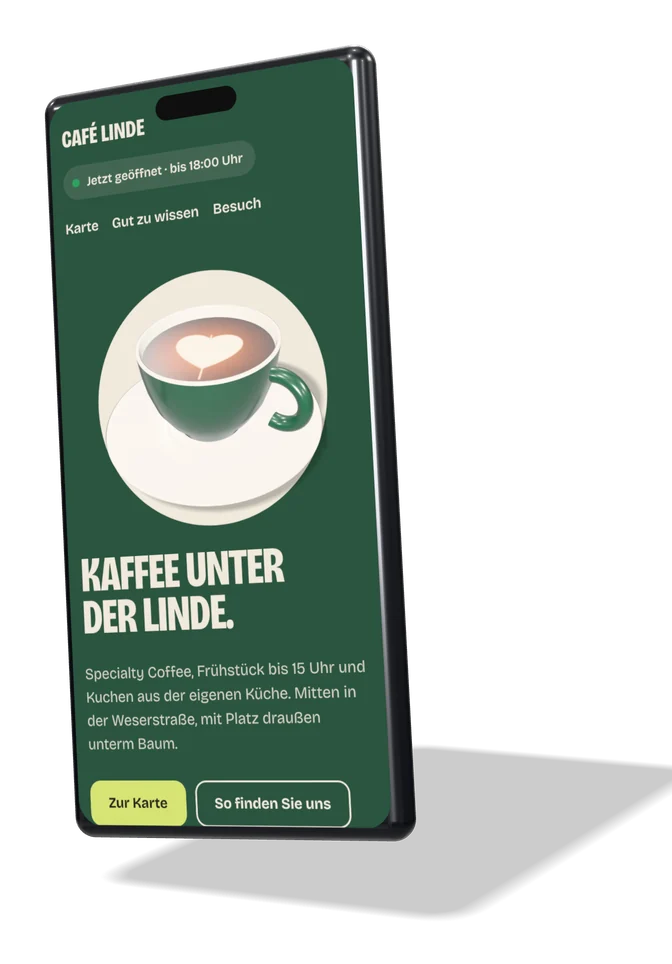 Smartphone zeigt die Website des Konzept-Cafés Linde