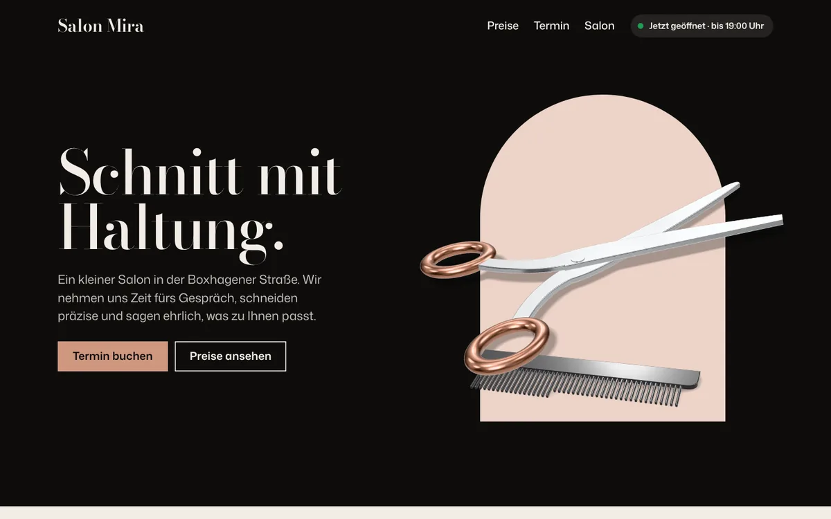 Startseite des Konzept-Salons Mira am Computer